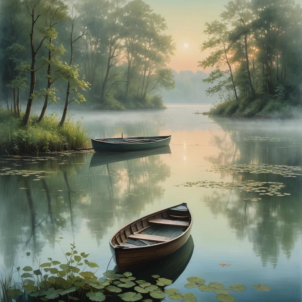 Serene Lakeside Dawn: Ethereal Oil Painting