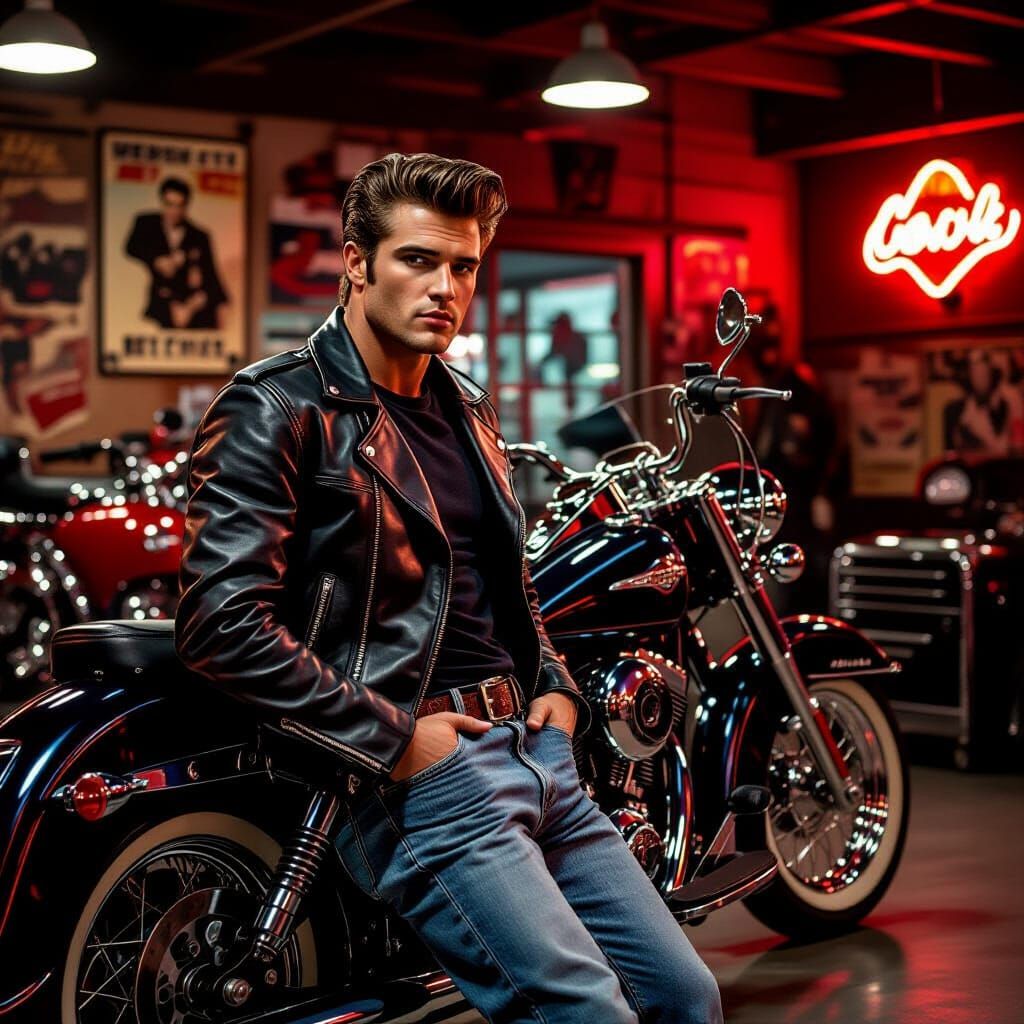 Greaser in Neon Garage: 1950s Photography Style
