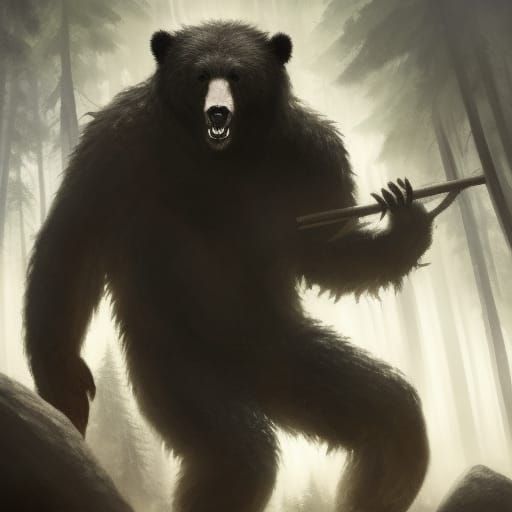 Monstrous Man-Bear in Dead Forest, Dark Fantasy Art