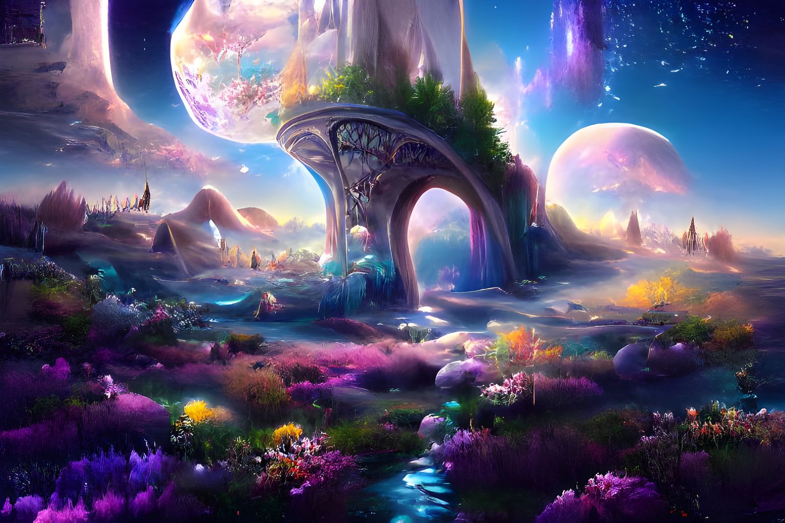 Iridescent Alien Landscape with Luminous Moon