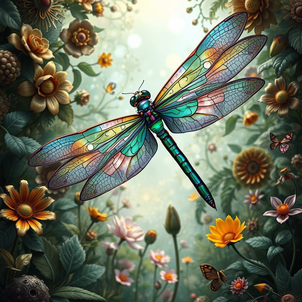 Iridescent Dragonfly in Clockwork Garden, Art Nouveau Style