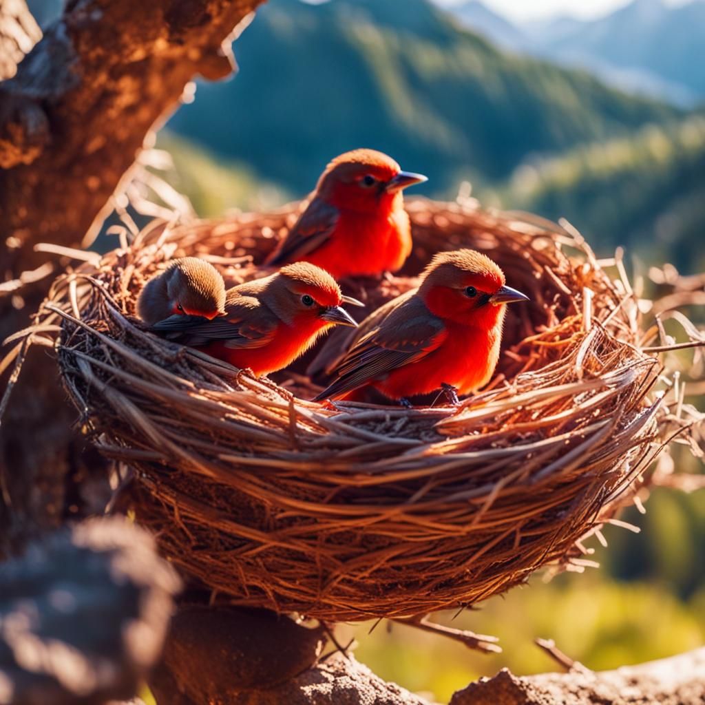 Red Birds in Nest: Mountain Landscape Photography