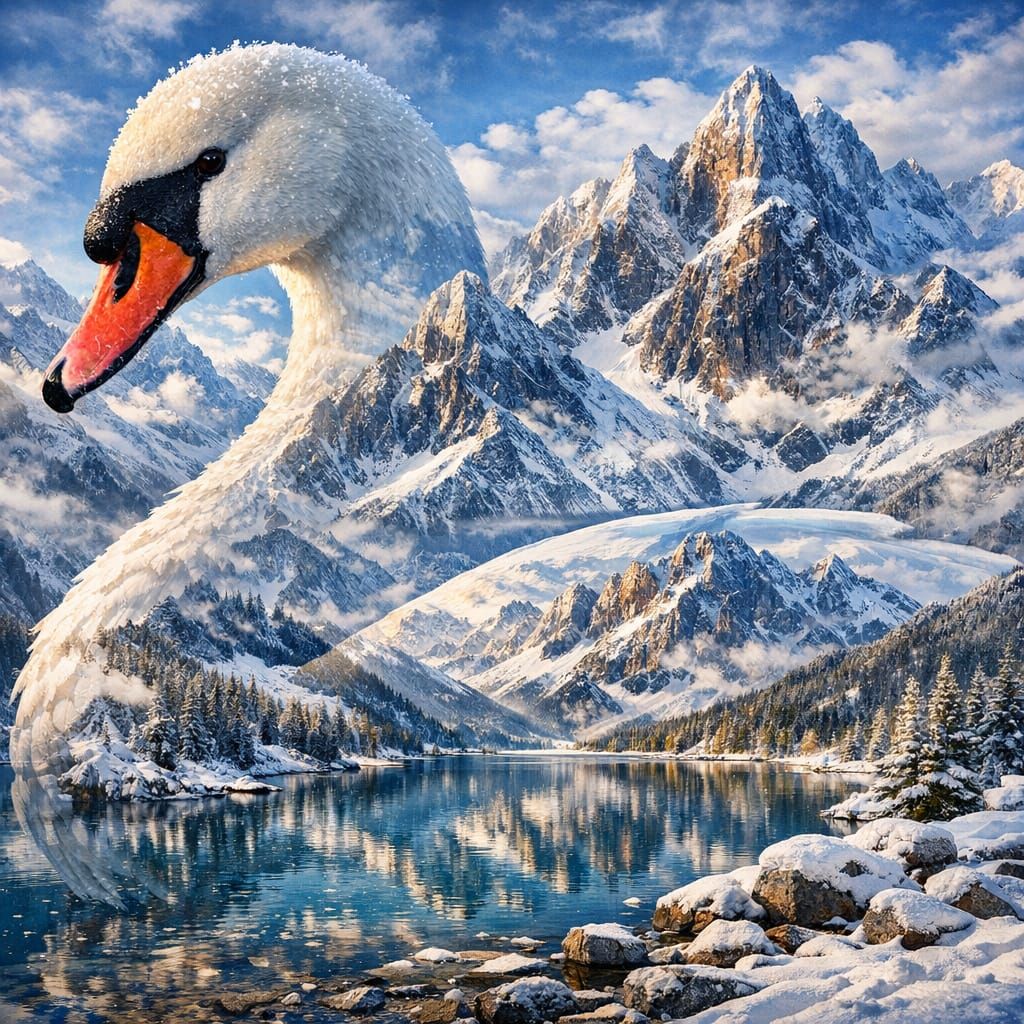 Hyperrealistic Double Exposure of Swan and Snowy Mountains