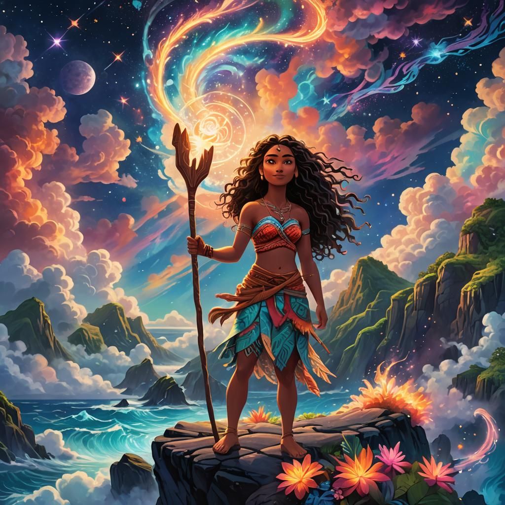 Astral Cosmic Moana Illustration in Peruvian Folk Art Style