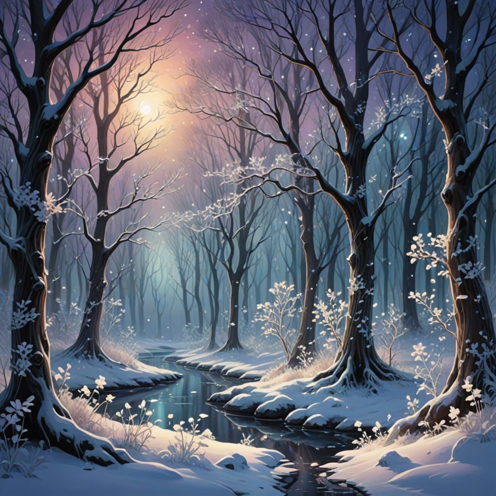 Magical Winter Forest Under Aurora: Concept Art
