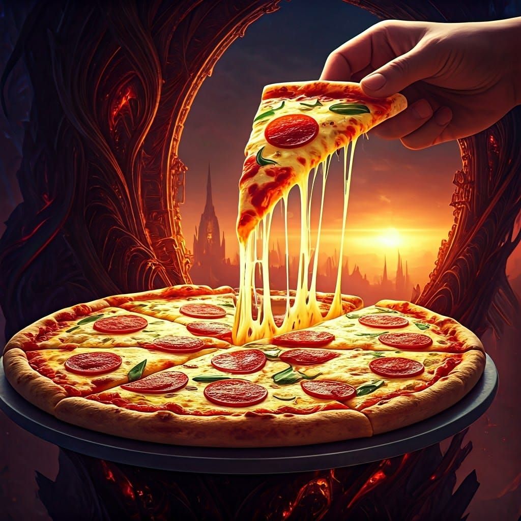 Fantastical Pizza Platter in a Dreamlike Fantasy Landscape