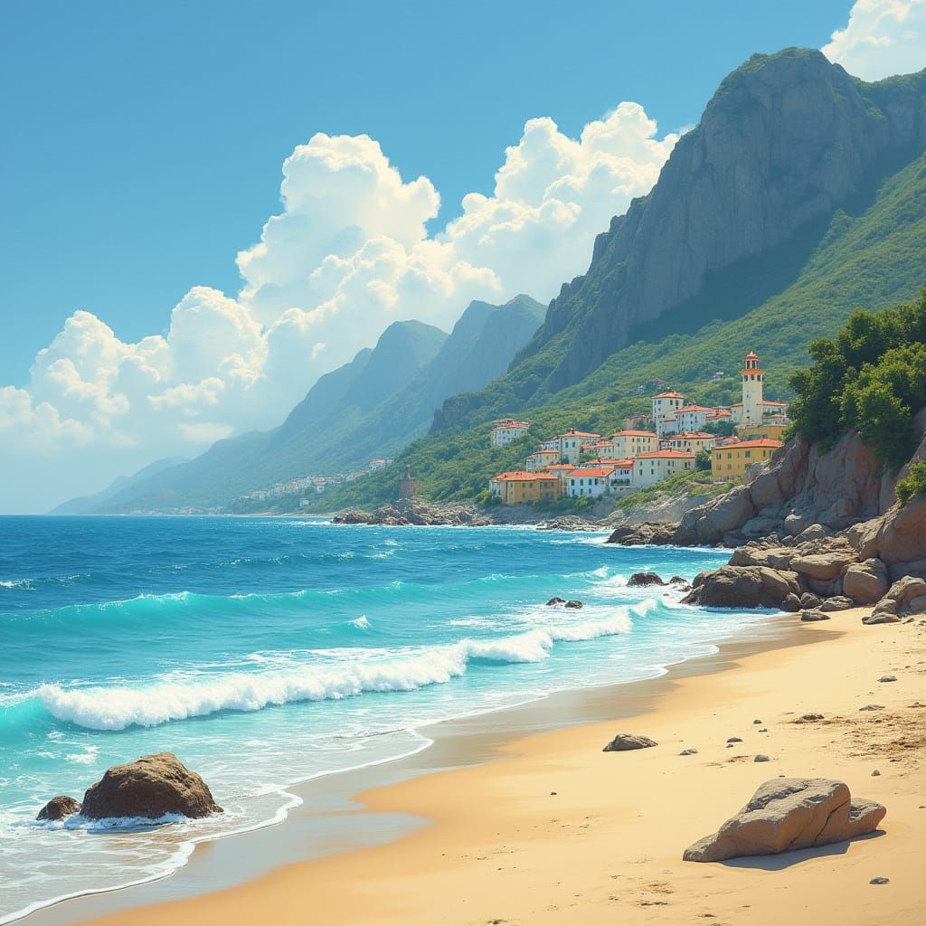 Sci-Fi Book Cover: Coastal Village on Mountain Shore