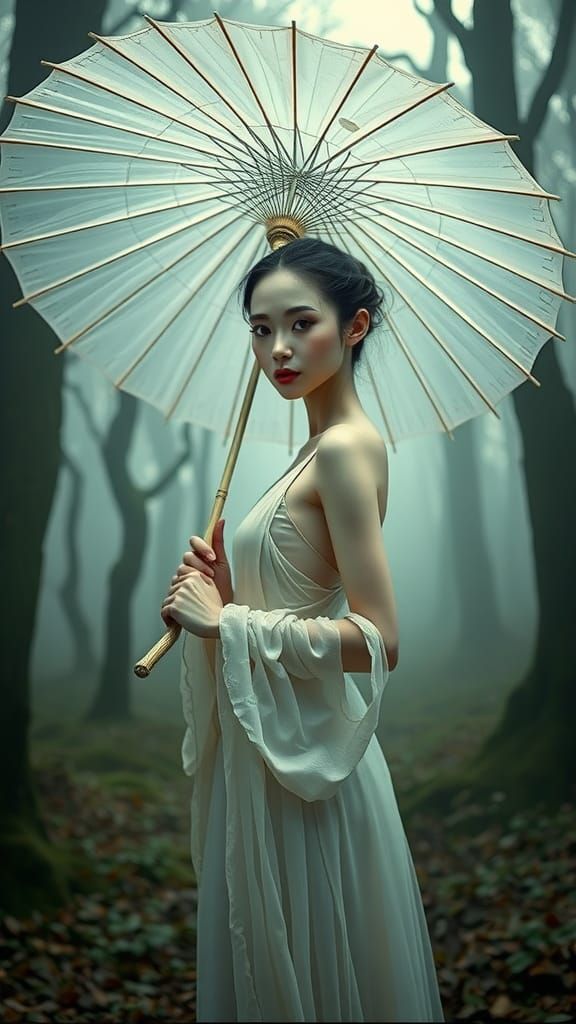 Ethereal Woman with Paper Umbrella in Mystical Forest