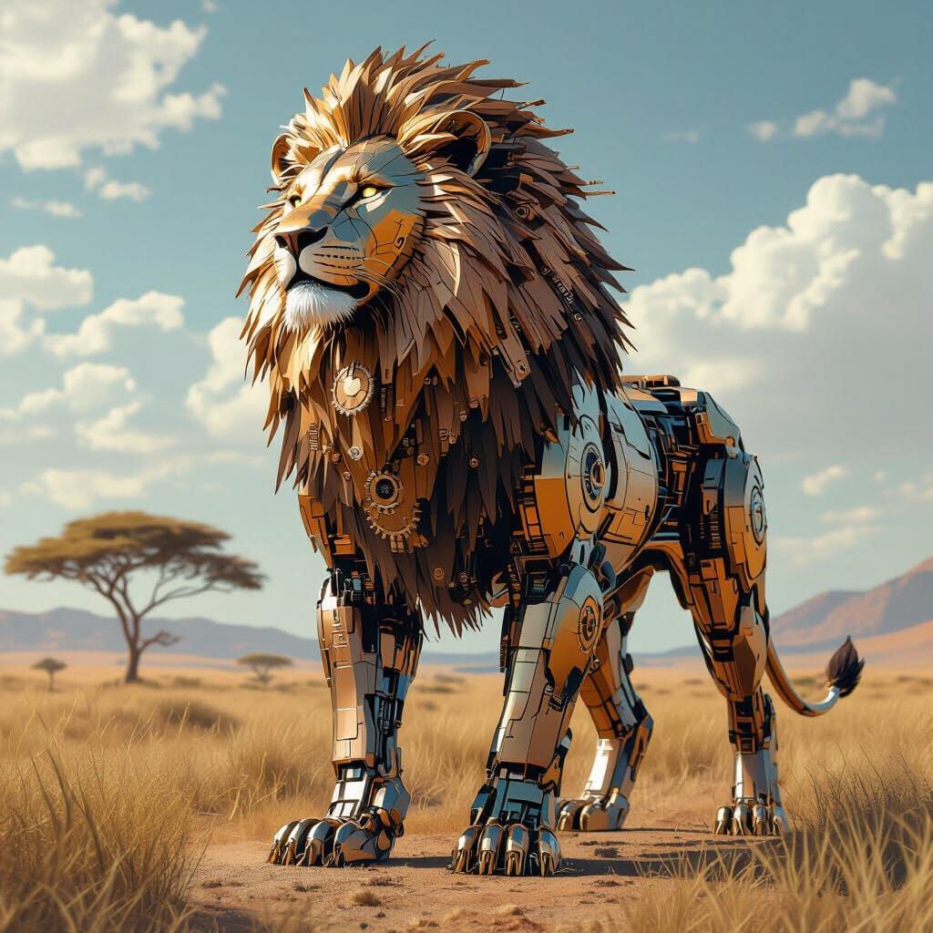 Cyberpunk Metallic Lion in Futuristic Savannah