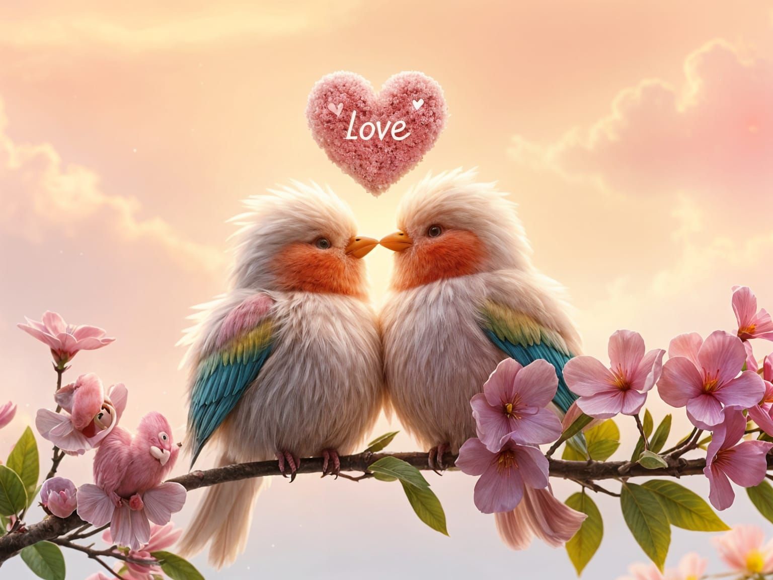 Hyper-Fluffy Love-Birds Share Tender Moment in Enchanting Pa...