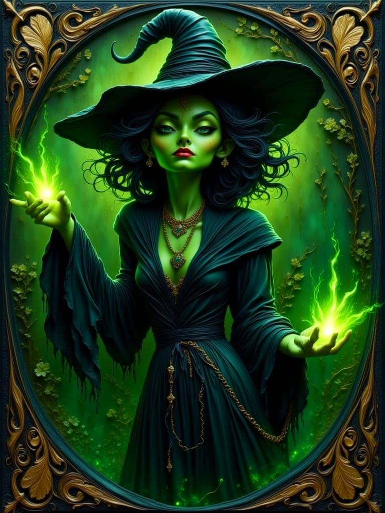 Green Wicked Witch Emerges From Playing Card