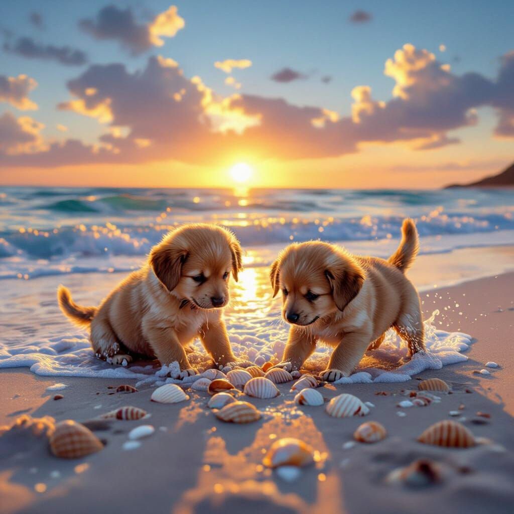 Sunset Beach Puppies Playing: Warm and Vibrant