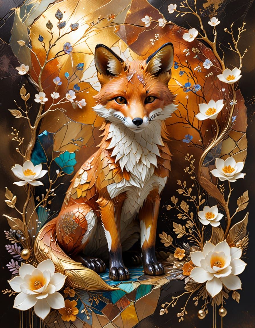 Fox and Duckling in Dreamlike Kintsugi Style
