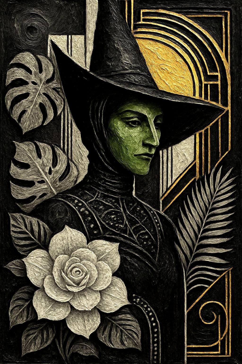 Surreal Elphaba with Art Deco Floral Gardenia and Monstera
