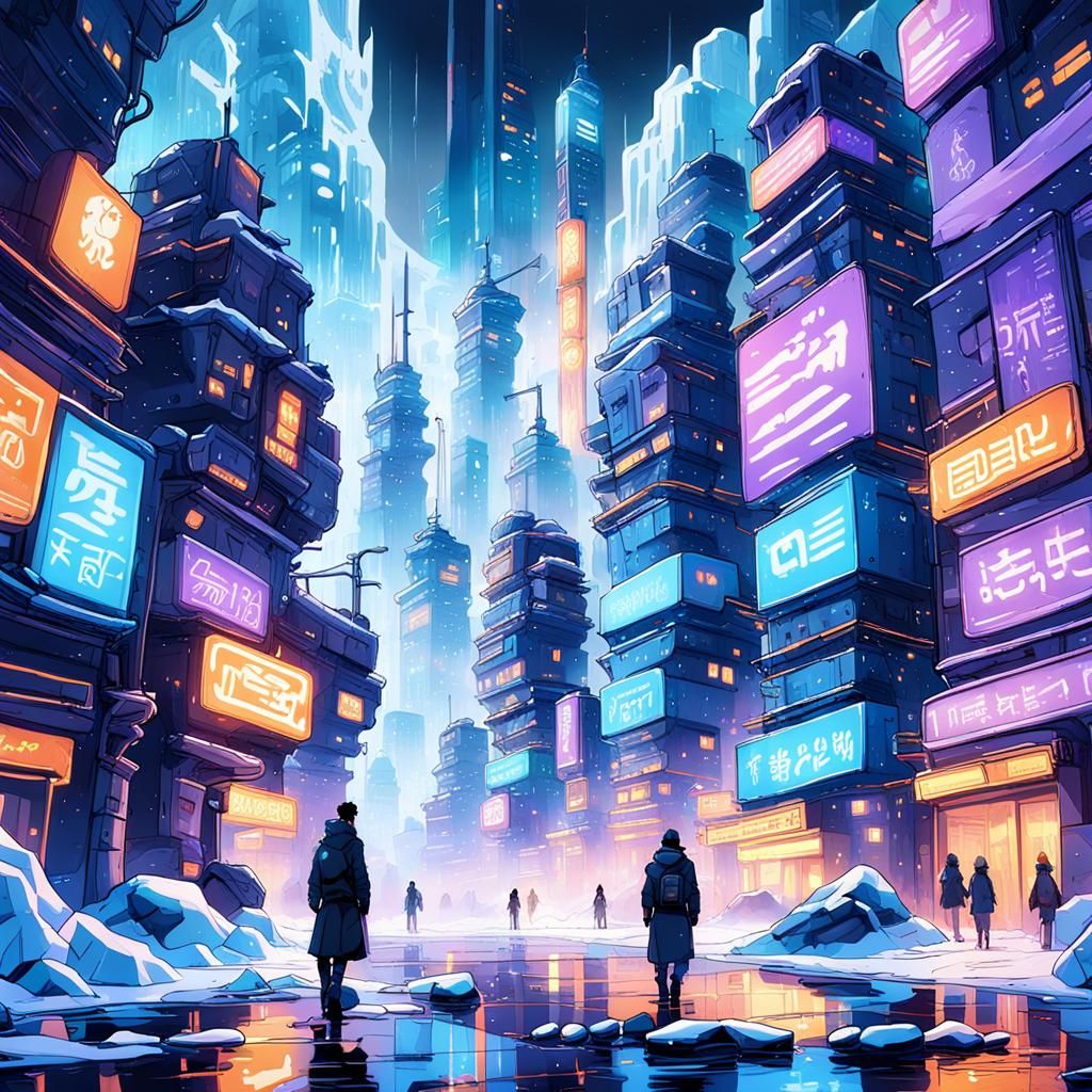 Icy Cyberpunk Cityscape at Dusk in Manga Style
