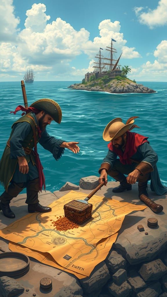 Pirates digging for Pirate Queens Treasure on the Island following the map