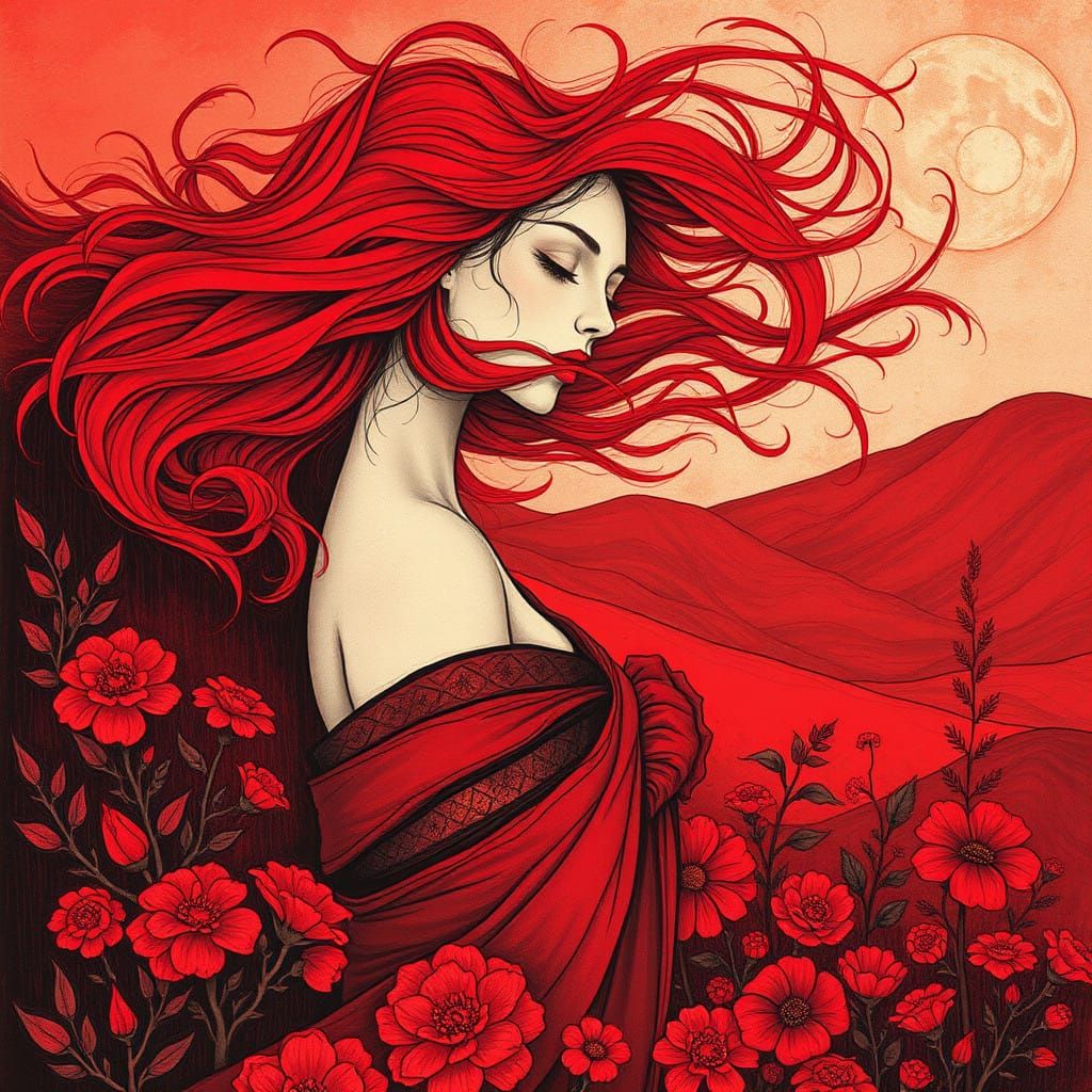 Whimsical Red Goddess in a Crimson Dreamscape