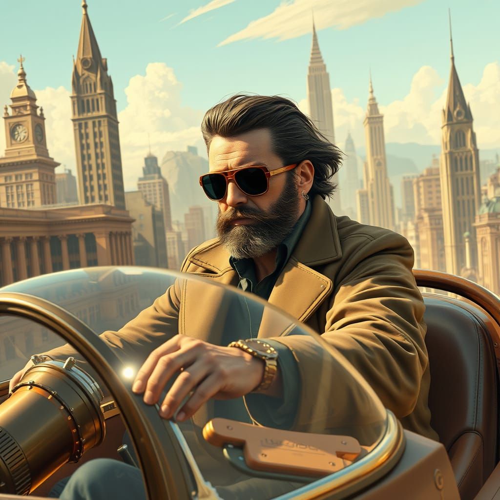 Doc Savage Piloting Dieselpunk Autogyro Over Art Deco City