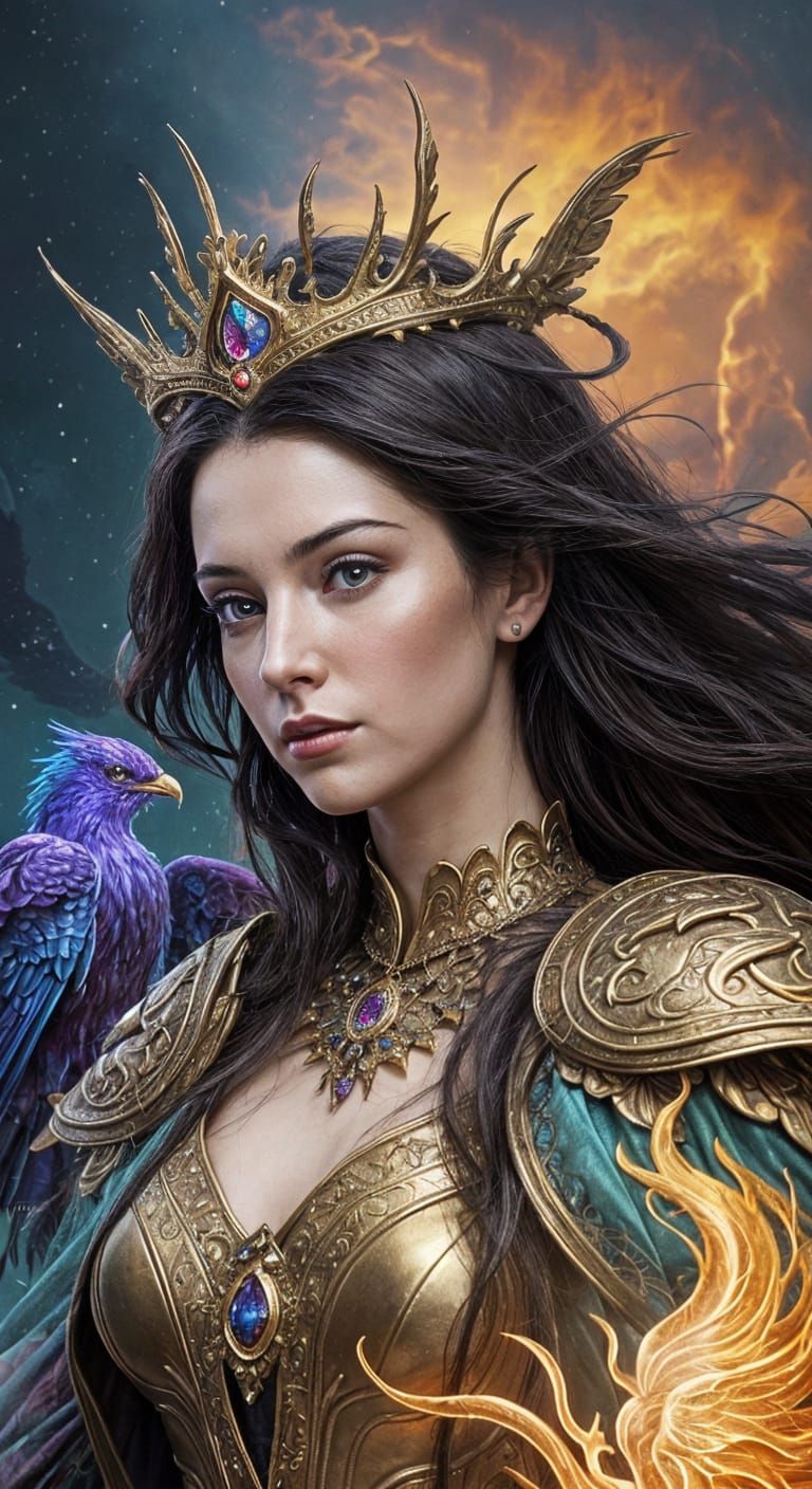 Ethereal Fantasy Woman Surrounded by Phoenix Firebird in Whi...