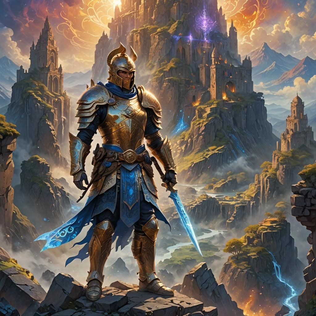 Heroic Warrior in Mystical Fantasy Landscape