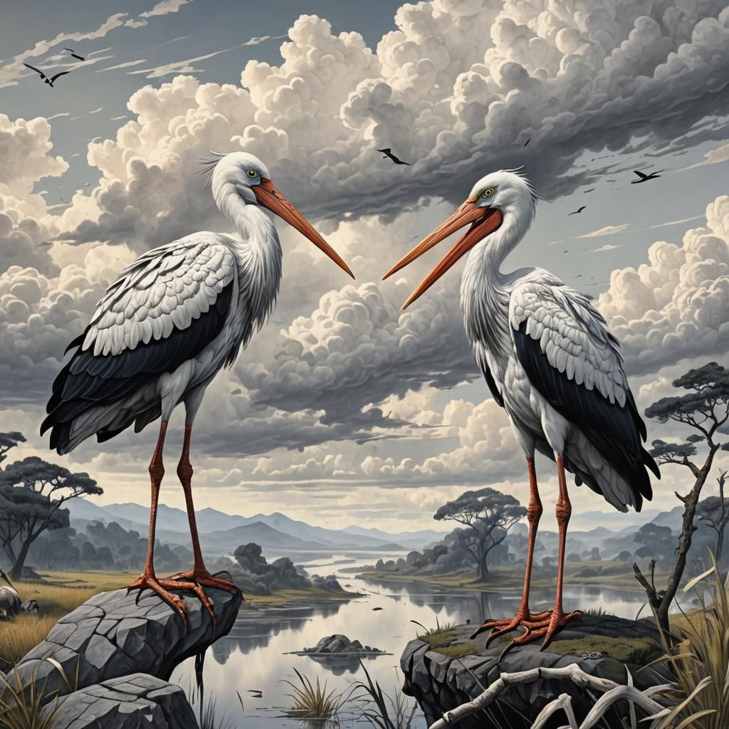 Two Storks in Surreal Isekai Landscape