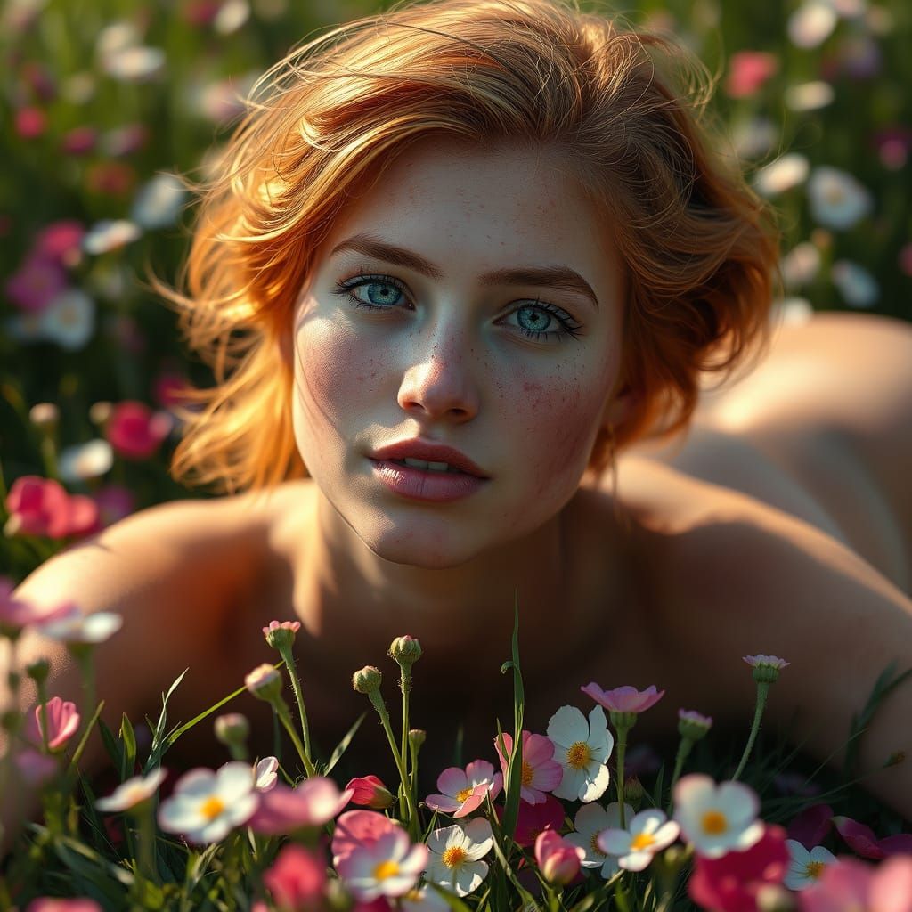 Ginger Haired Woman in Flower Field: Hyperdetailed Portrait