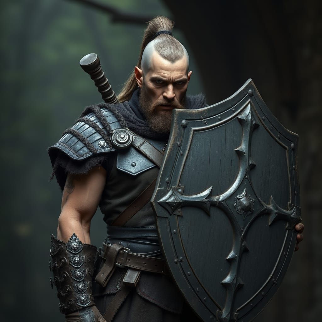 Half-Orc Warrior in Leather Armor with Shield