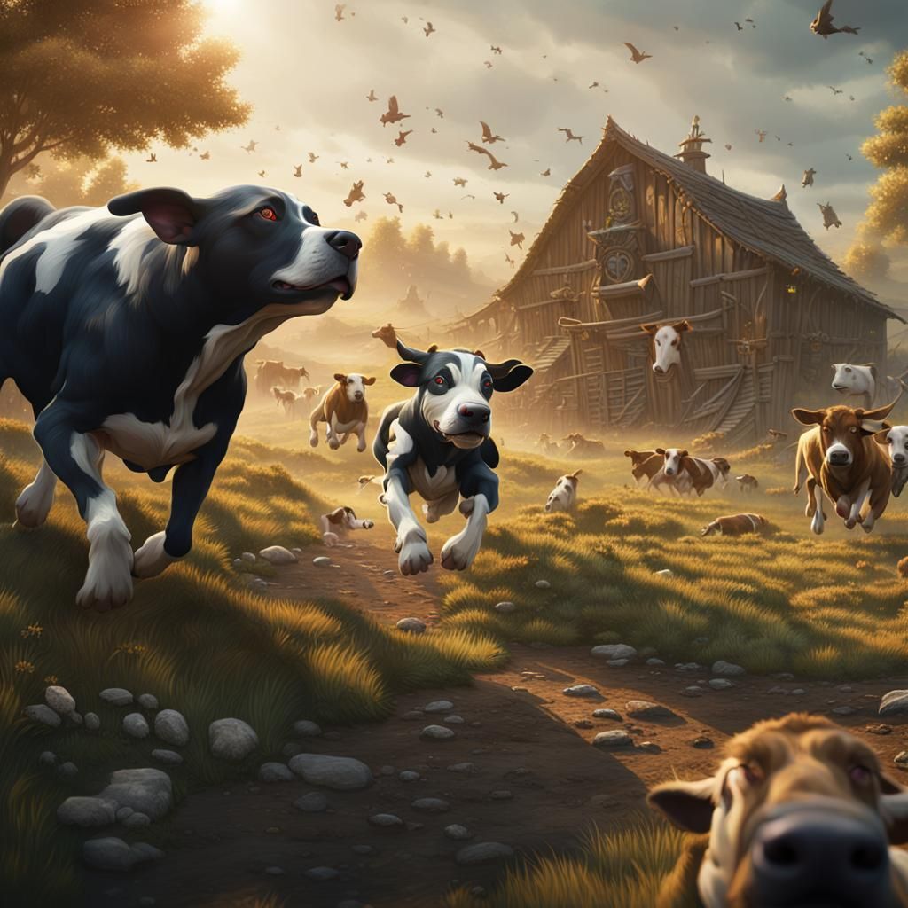 Dog Chasing Cows in Detailed Matte Painting