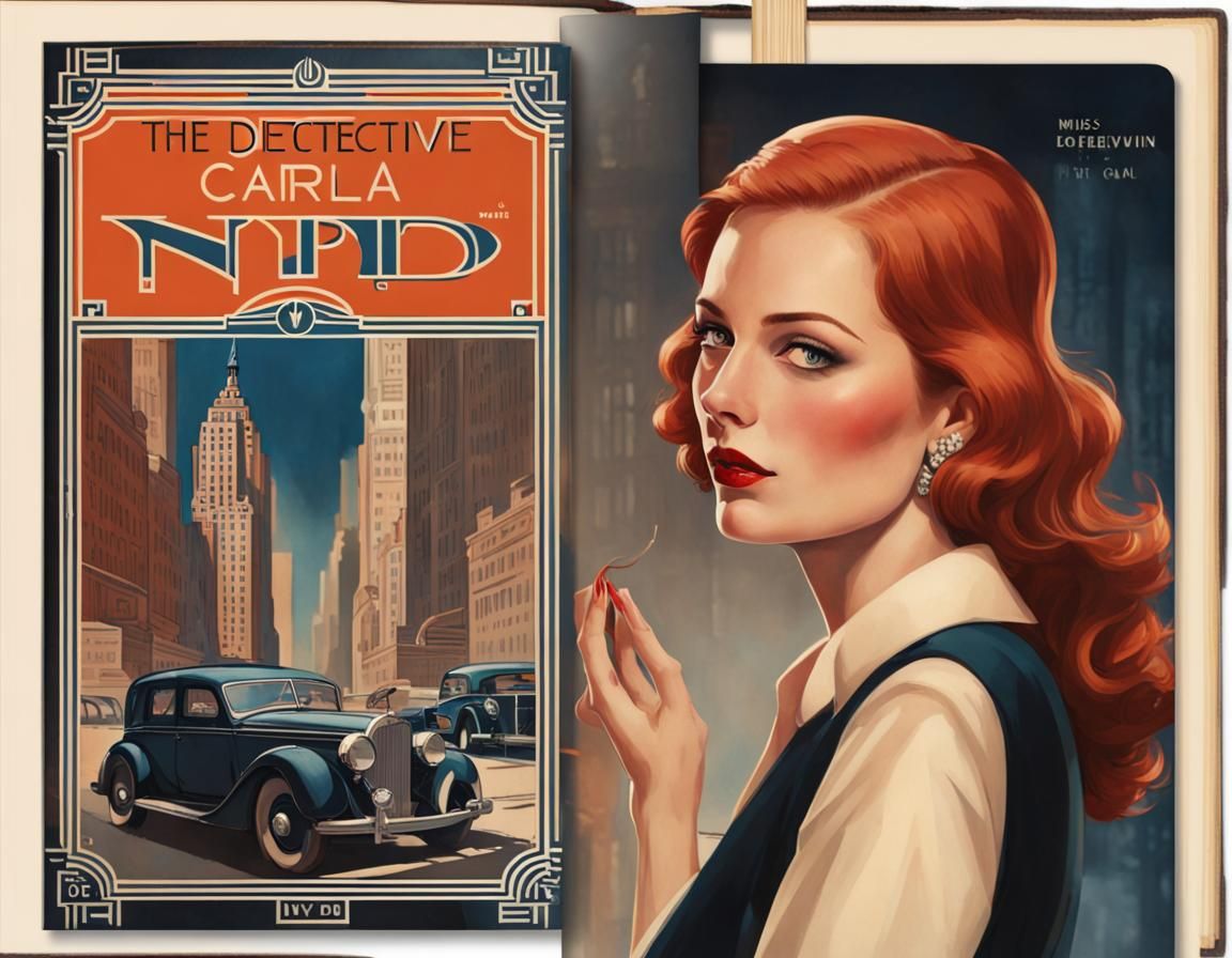 Vintage Art Deco Book Cover with New York City and Detective...