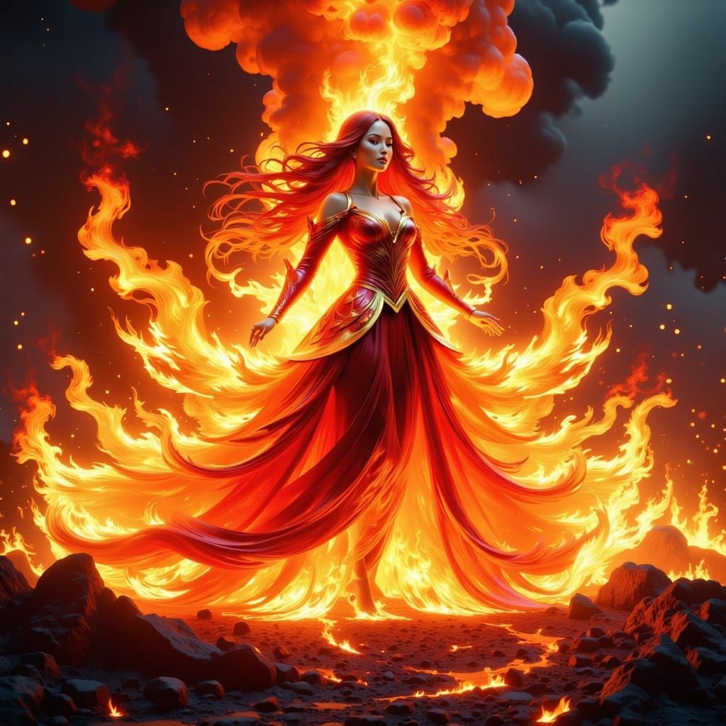 Breathtaking Fire Spirit Woman Emerging from Inferno