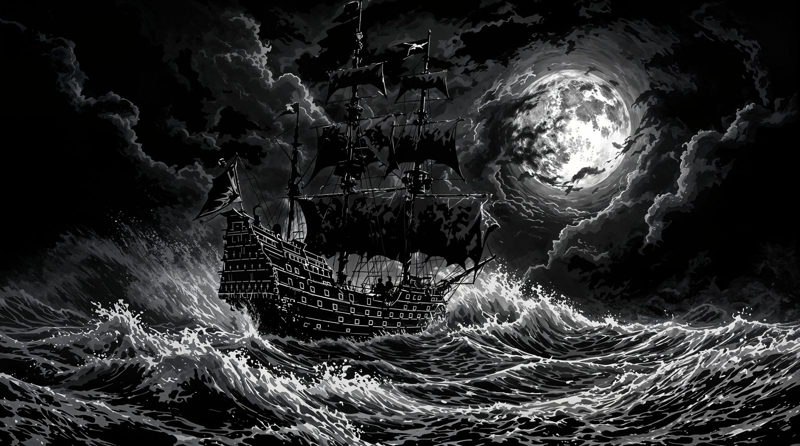 Gothic Corsair Ship Under Spooky Moonlit Waves