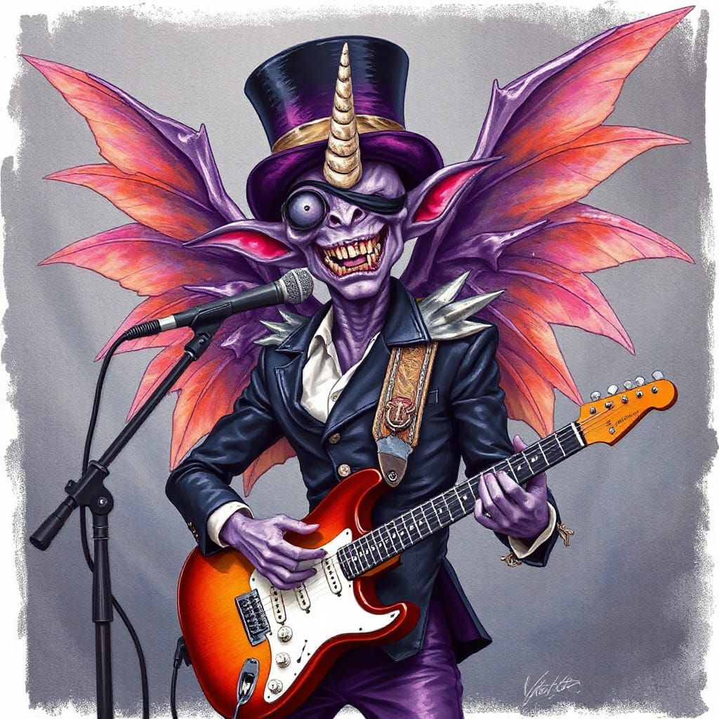 Purple Alien Rockstar Plays Guitar