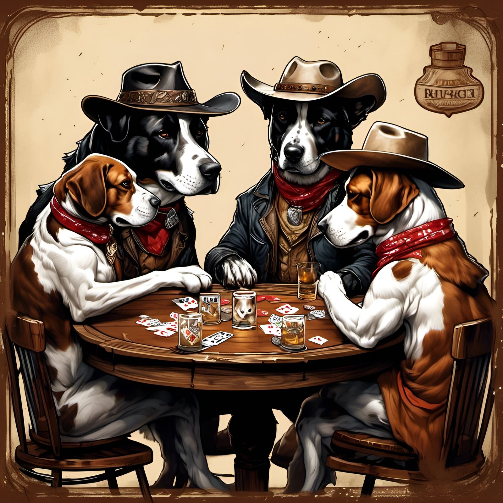 Detailed Cowboy Dogs Playing Poker