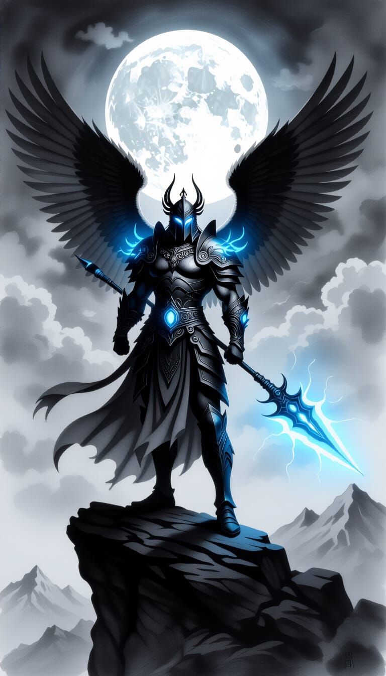 Winged Warrior on Moonlit Outcrop in Charcoal Style