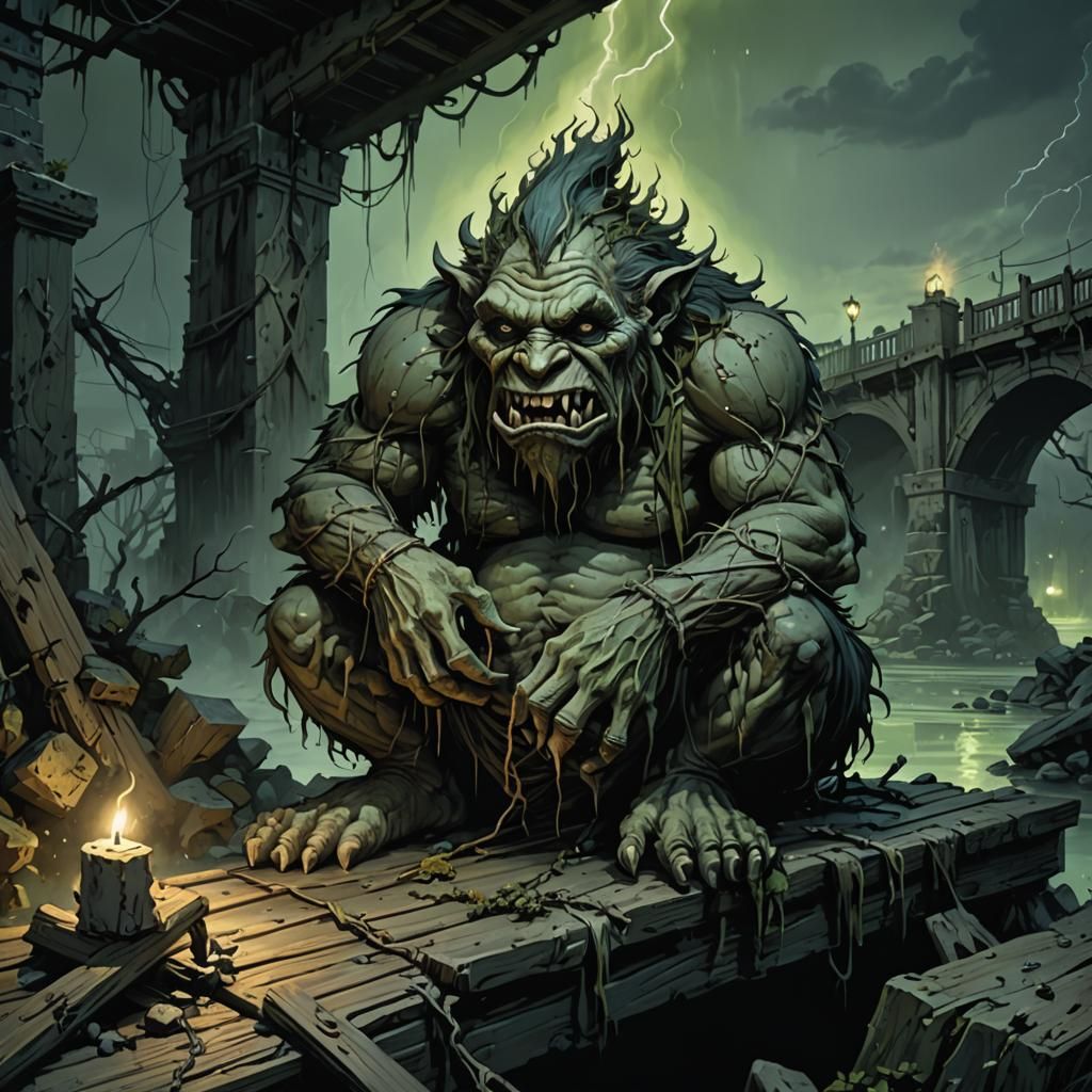 Grotesque Troll Feasting Under Bridge in Dark Fantasy Art