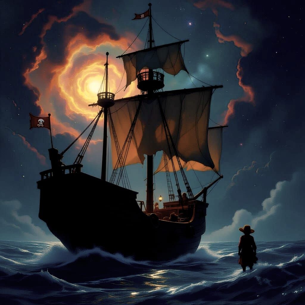 Red Panda Spaceship Navigates Cosmic Nebula