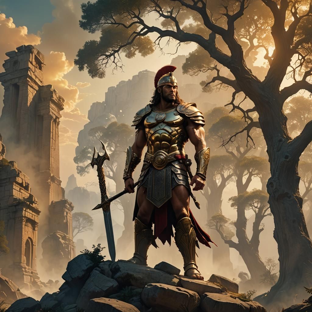 Heroic Warrior in Mythical Greek Landscape