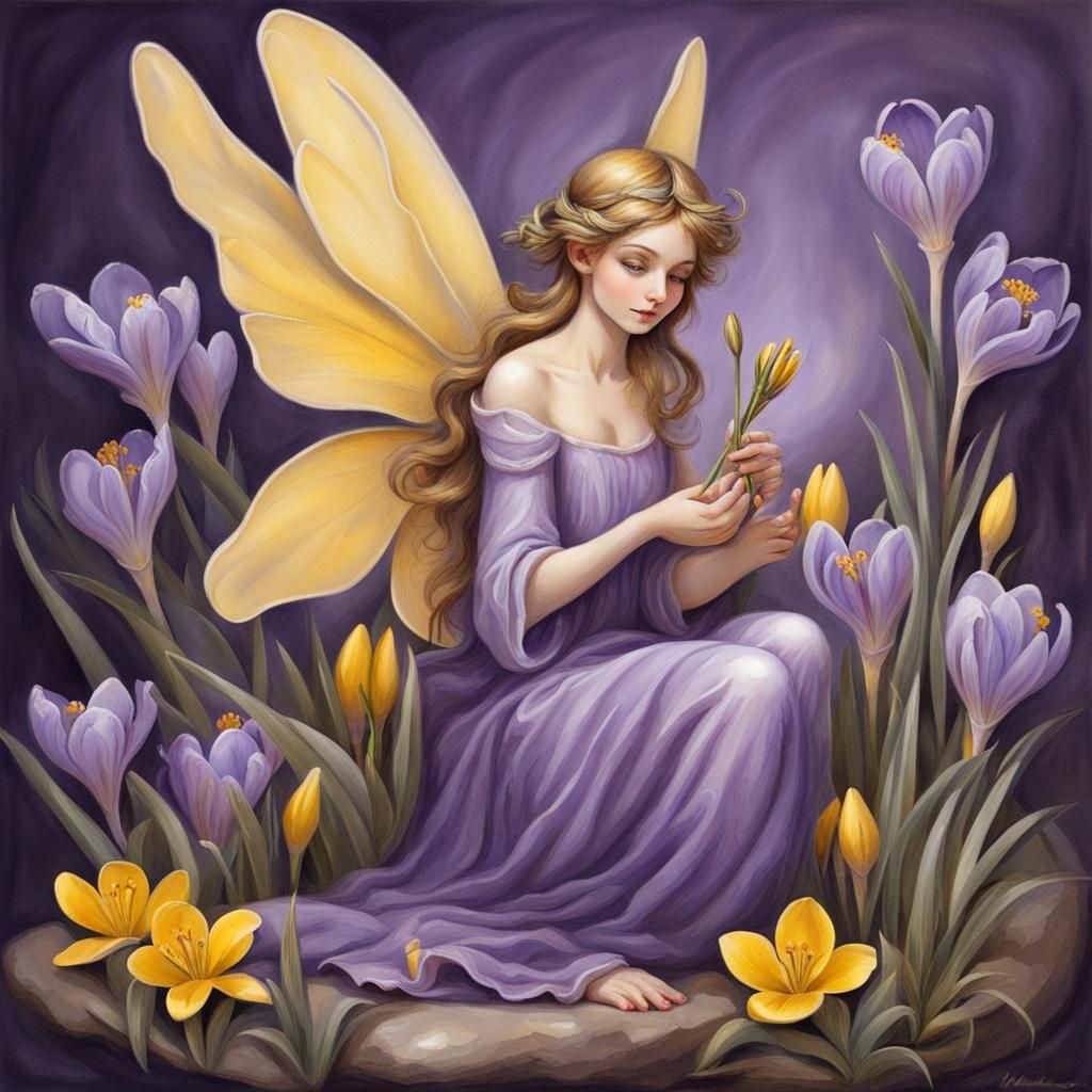 Fairy Holding Crocuses in Porcelain Style