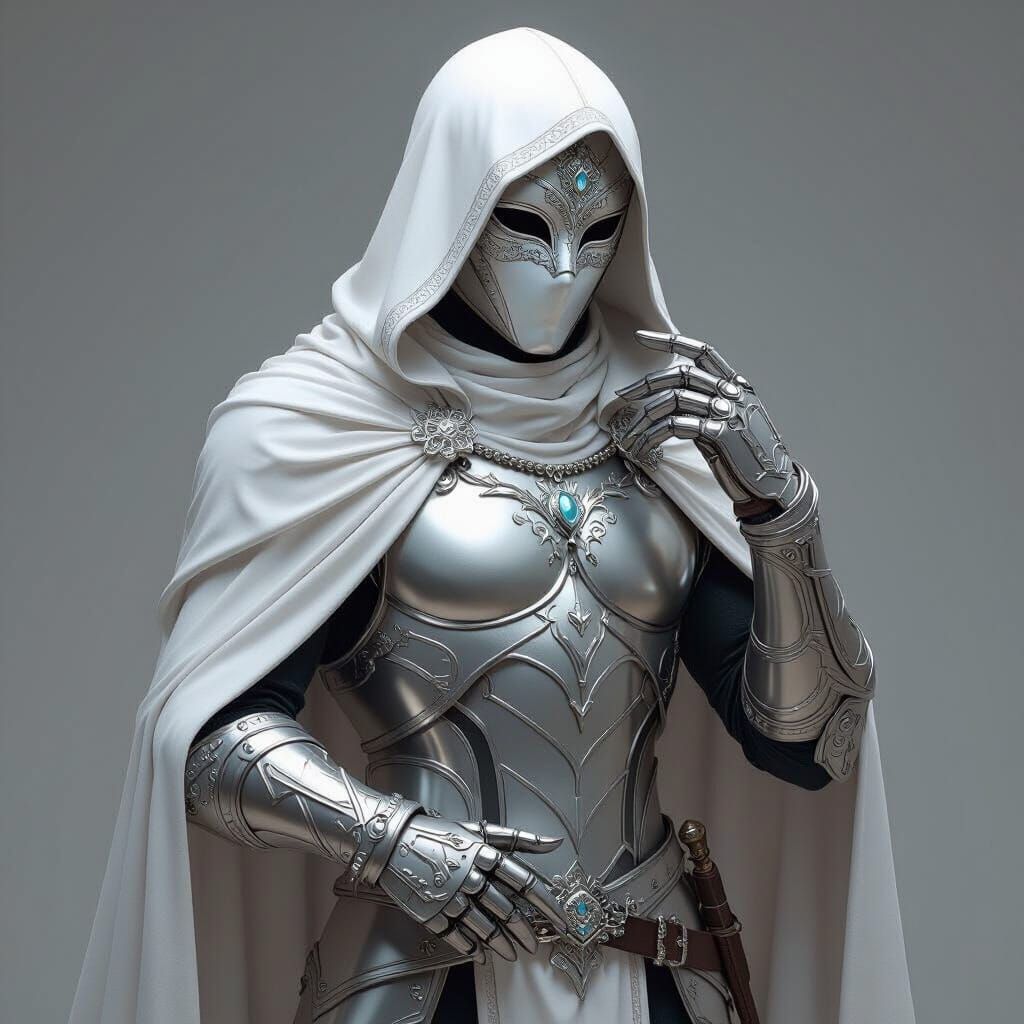 Silver Armored Warrior with Masquerade Mask in Sleek Style