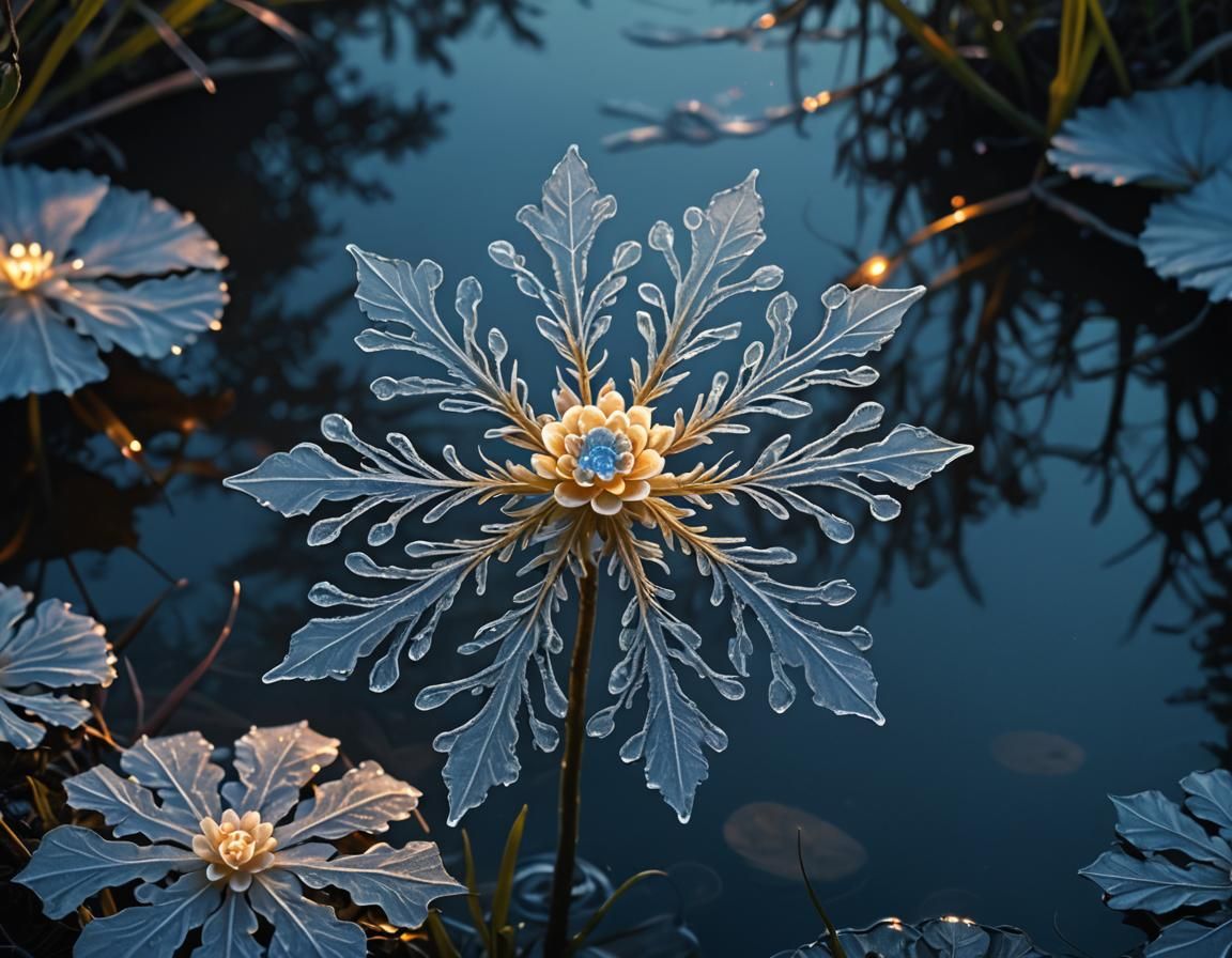 Glowing Snowflake Flower Beside River in Surreal Style