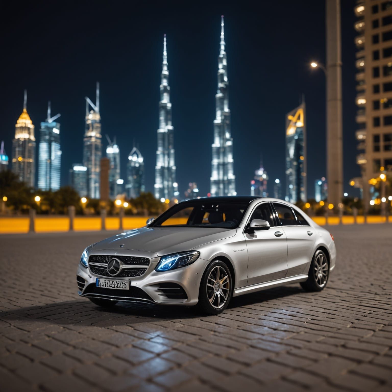 Surreal Nighttime Scene of Toy Car and Burj Khalifa