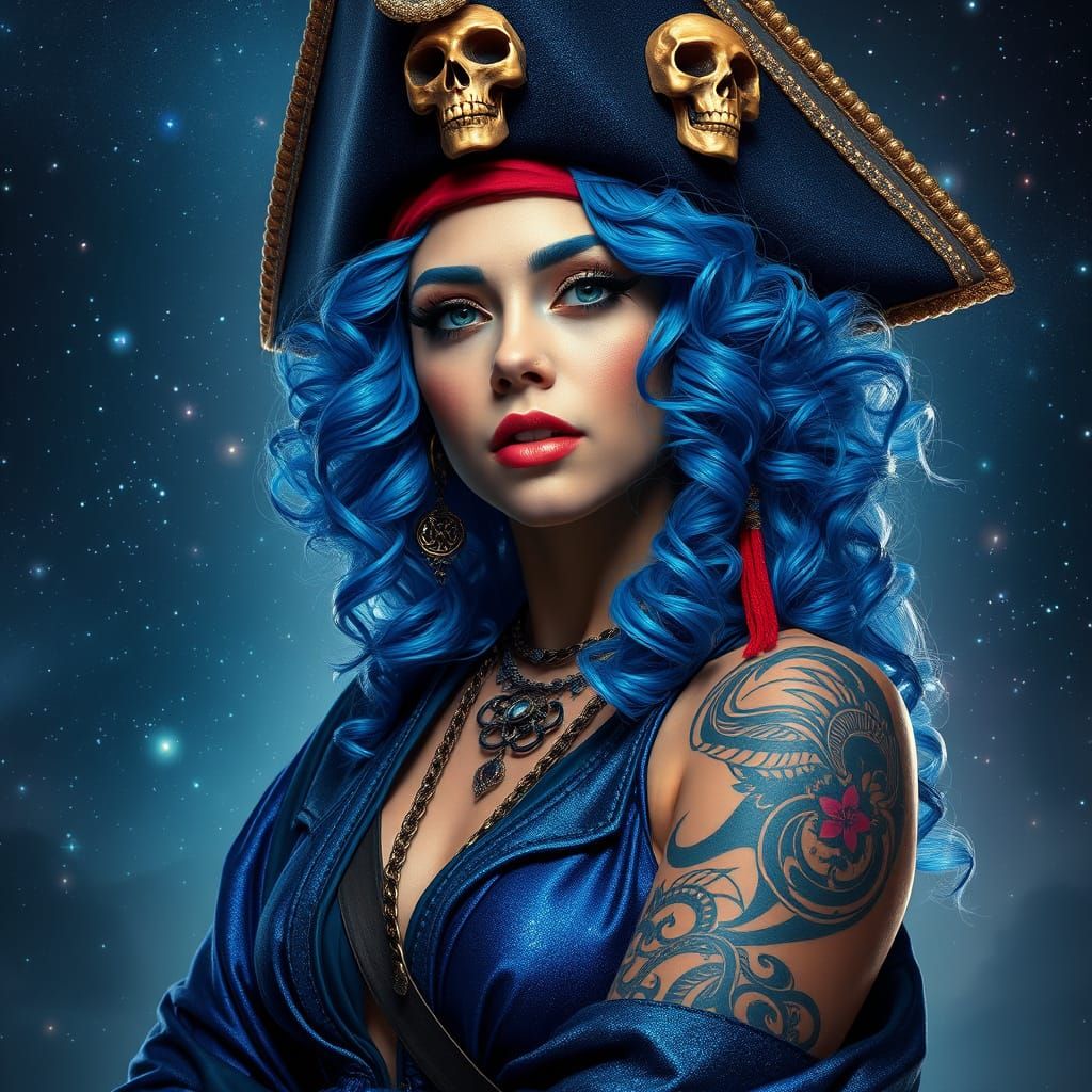 Blue-Haired Pirate in Celestial Starry Sky