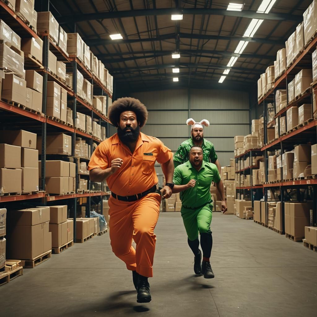 Man Running from Giant with Rabbit Ears: Cinematic Still