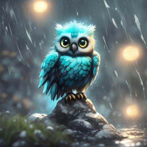 Turquoise Owl in Misty Forest, Watercolor Painting