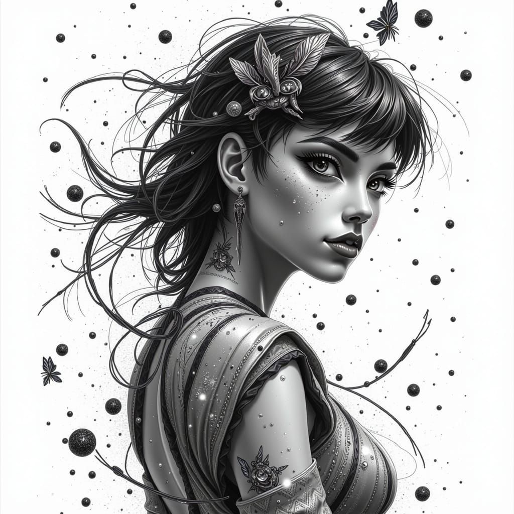 Expressive Woman in Grayscale Ink Art