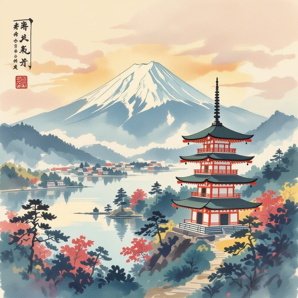 Japanese Landscape with Mountains, Lakes, and Pagodas
