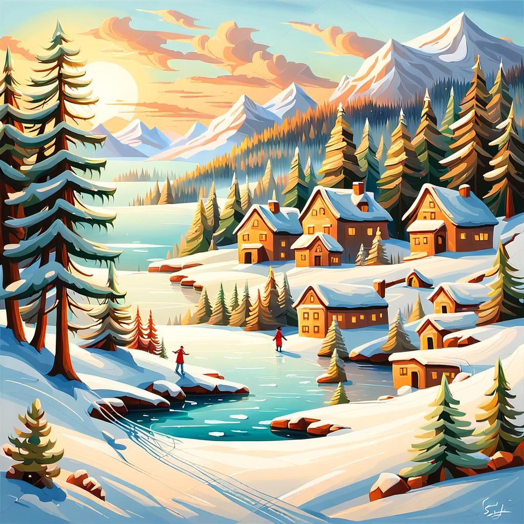 Idyllic Winter Village Landscape as Oil Painting