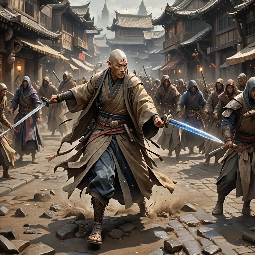 Kensei Monk Battles in Mystical Medieval City