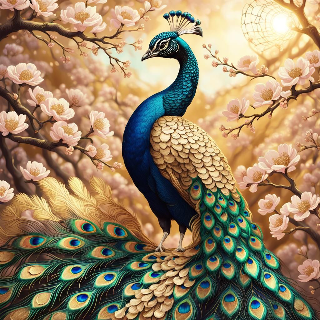 Golden Peacock Amidst Sakura Blooms in Elegant Baroque Style