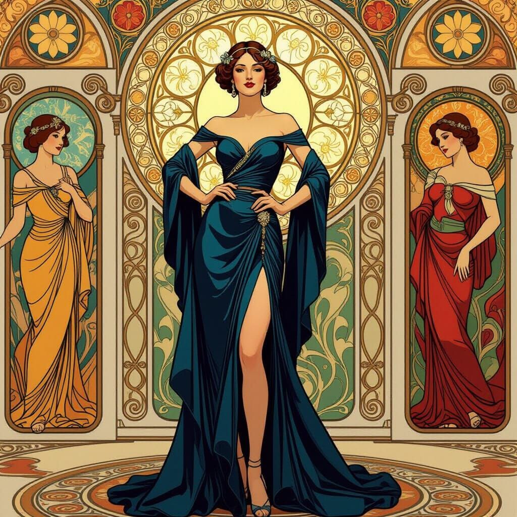 Elegant Woman in Lavish Art Gallery, Art Nouveau Style